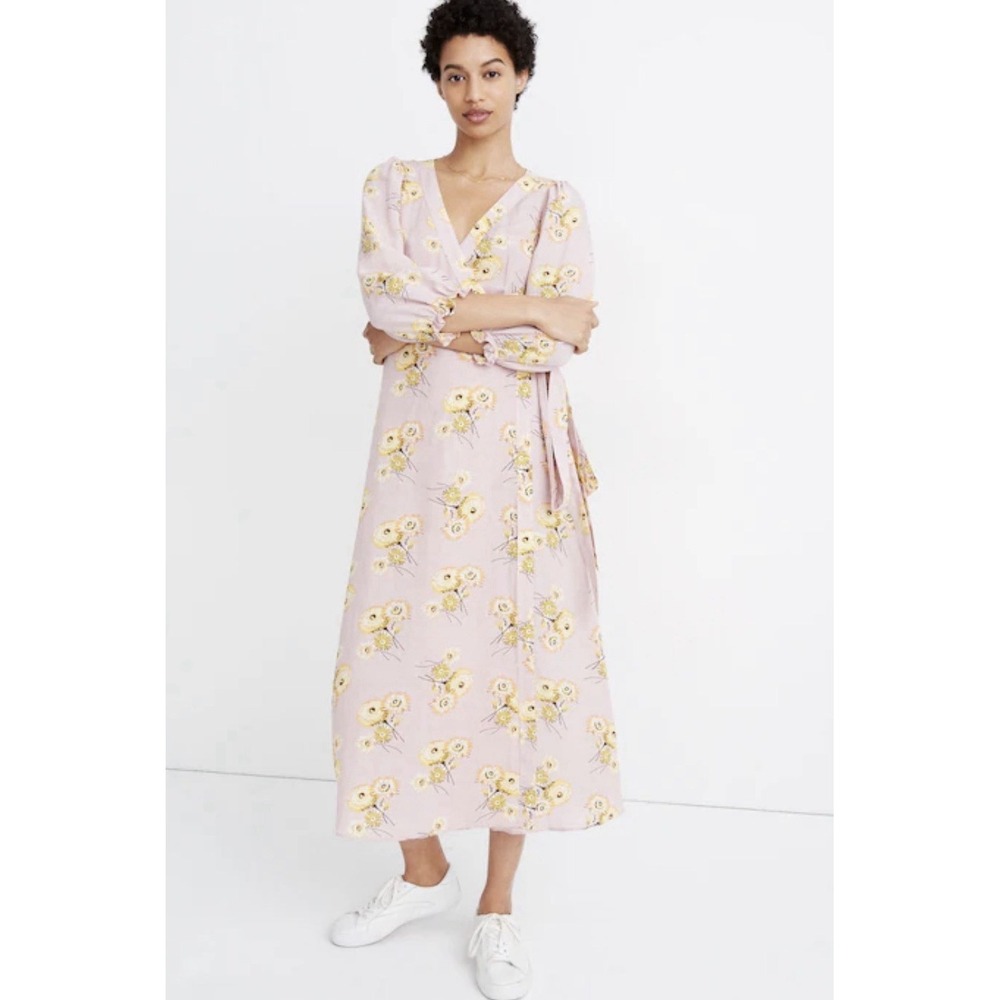 Madewell Petite Linen-Blend Ruffle-Cuff Wrap Dress in Dutch Dandelions Small